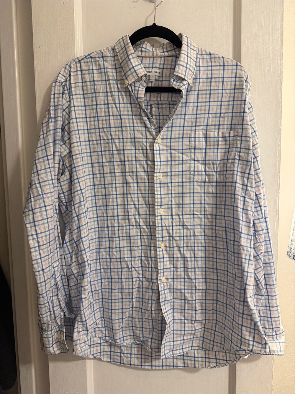 Peter Millar White and Blue Plaid Button-Down Shirt